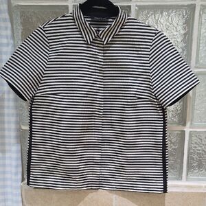 Lafayette 148 New York Black & White Striped Short Sleeve Snaps Pockets Small